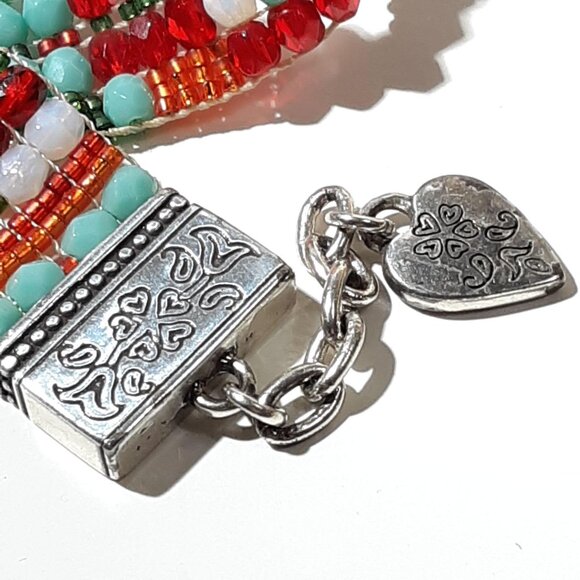Tribal Bead Bracelet Silvertone Turquoise Red Blue Glass Lobster Clasp 8" - Picture 3 of 6